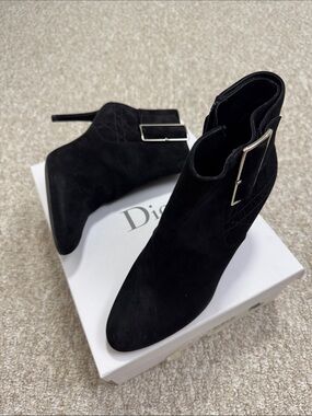 Dior Black Suede Ankle Boots with Silver Buckle
